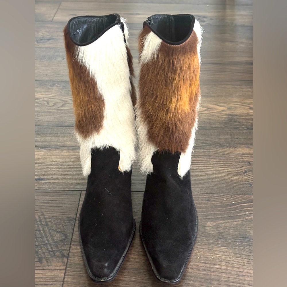 Stuart Weitzman Brown & White CALFSKIN FUR Cowboy Low Cut Cowboy Boots Size 7.5